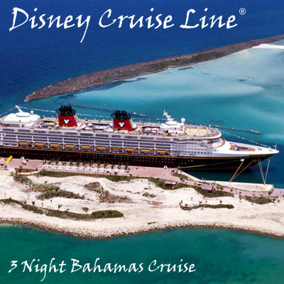 DISNEY CRUISE LINE<sup>®</sup> 3-Night Bahamas Cruise - A magnificent cruise for 2 adults and 2 children filled with magic, romance and impeccable Disney service. Cruise sails from Port Canaveral, FL with stops in Nassau and Castaway Cay, Disney's secluded island retreat. Airfare not included.