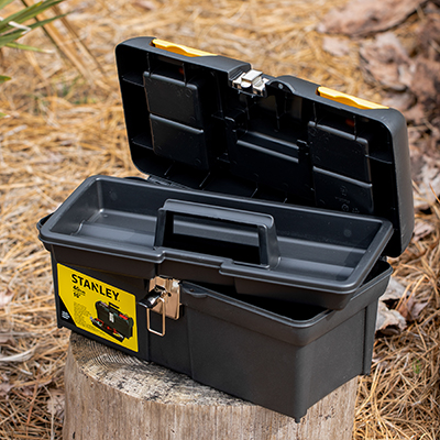 STANLEY<sup>&reg;</sup> Tool Box with Tray - This 16" tool box is ideal for storing and organizing your tools. Features include two lid organizers for small parts storage, built-in pad lock for small locks, full length tote tray inside to store smaller items, wide rubber coated handle for easy and comfortable grip, and nickel metal-plated latches.  Measures 16" X 8" X 7".